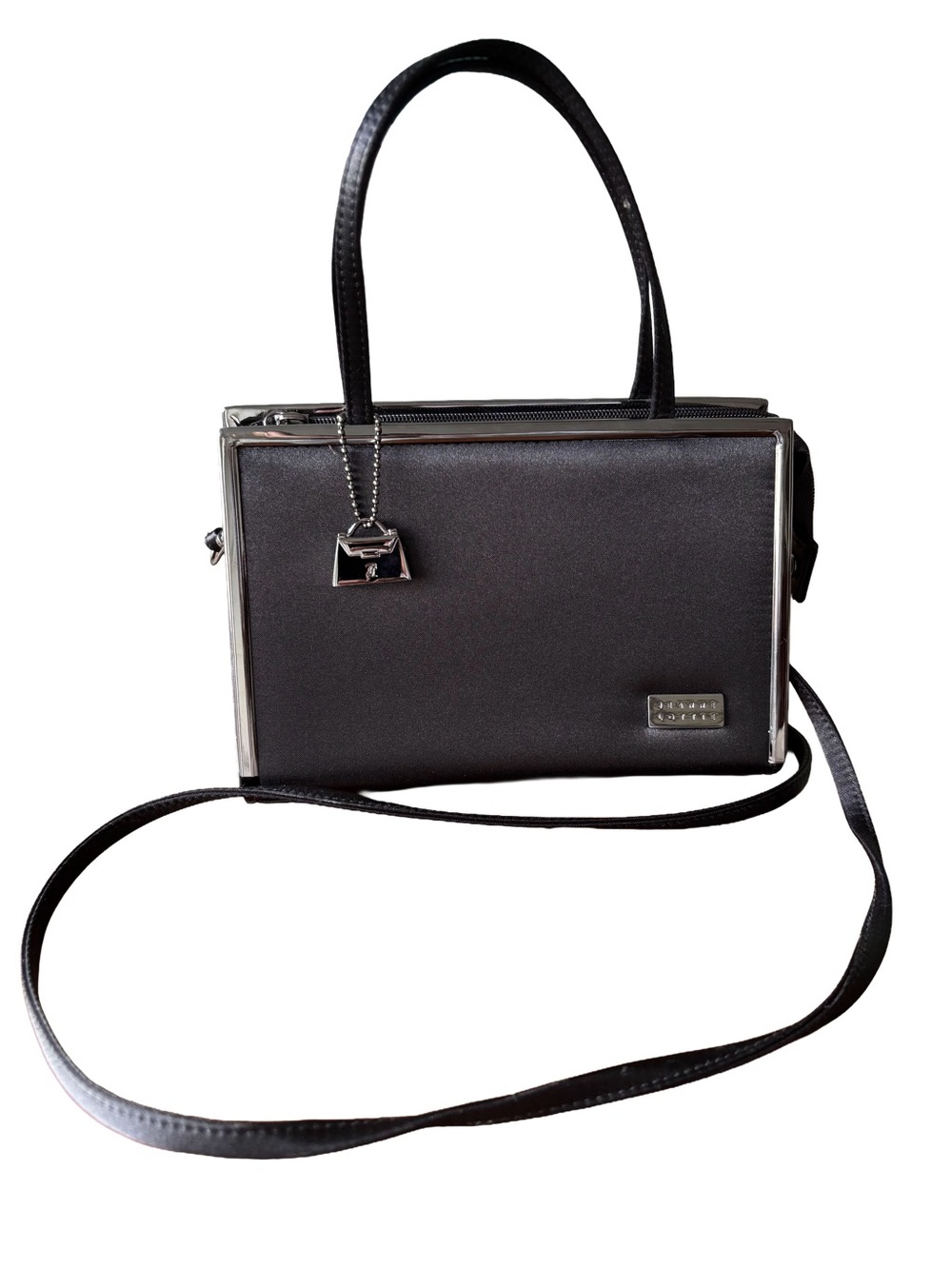 VINTAGE Jeanne Lottie Structured Black Satin Box Frame Bag & Charm